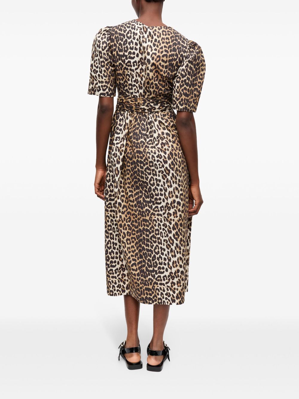 Ganni Plunging V-Neck Puff Sleeve Organic Cotton Midi Dress Brown brown