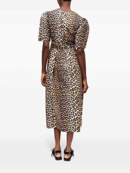 Ganni Plunging V-Neck Puff Sleeve Organic Cotton Midi Dress Brown brown