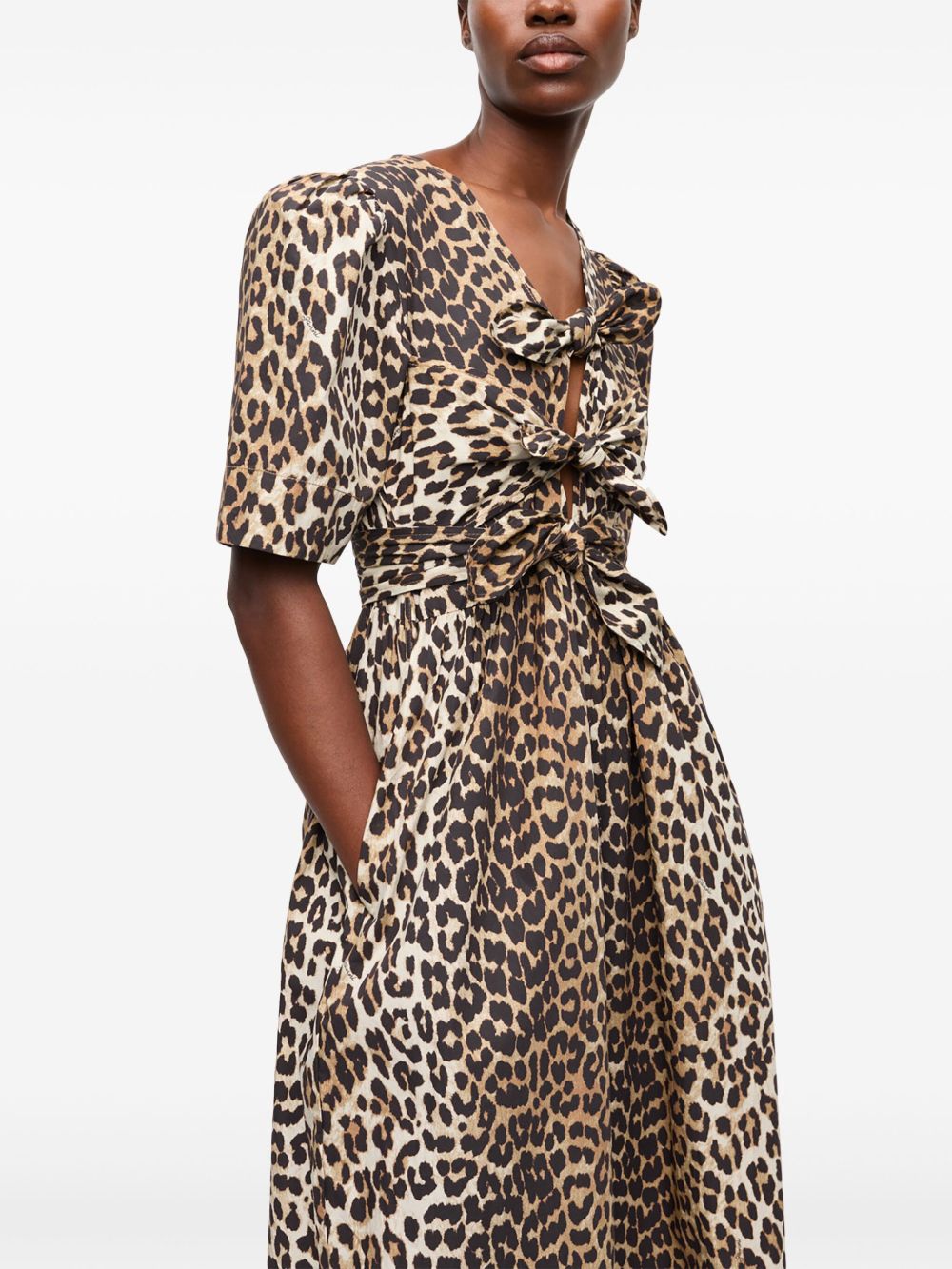 Ganni Plunging V-Neck Puff Sleeve Organic Cotton Midi Dress Brown brown