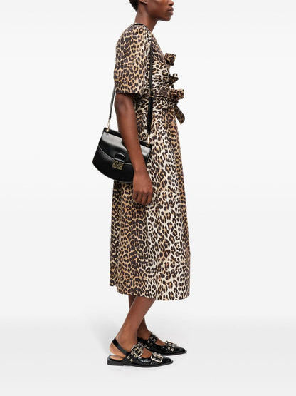 Ganni Plunging V-Neck Puff Sleeve Organic Cotton Midi Dress Brown brown