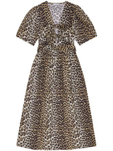 Ganni Plunging V-Neck Puff Sleeve Organic Cotton Midi Dress Brown brown