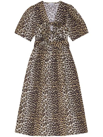 Ganni Plunging V-Neck Puff Sleeve Organic Cotton Midi Dress Brown brown