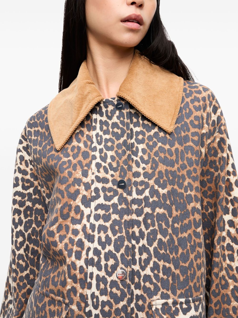 Ganni Animal Print Organic Cotton and Hemp Jacket Brown Brown