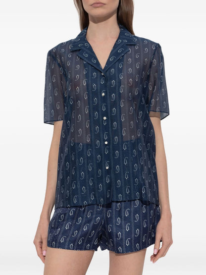 Tory Burch Paisley Print Cotton-Silk Short-Sleeved Shirt Blue