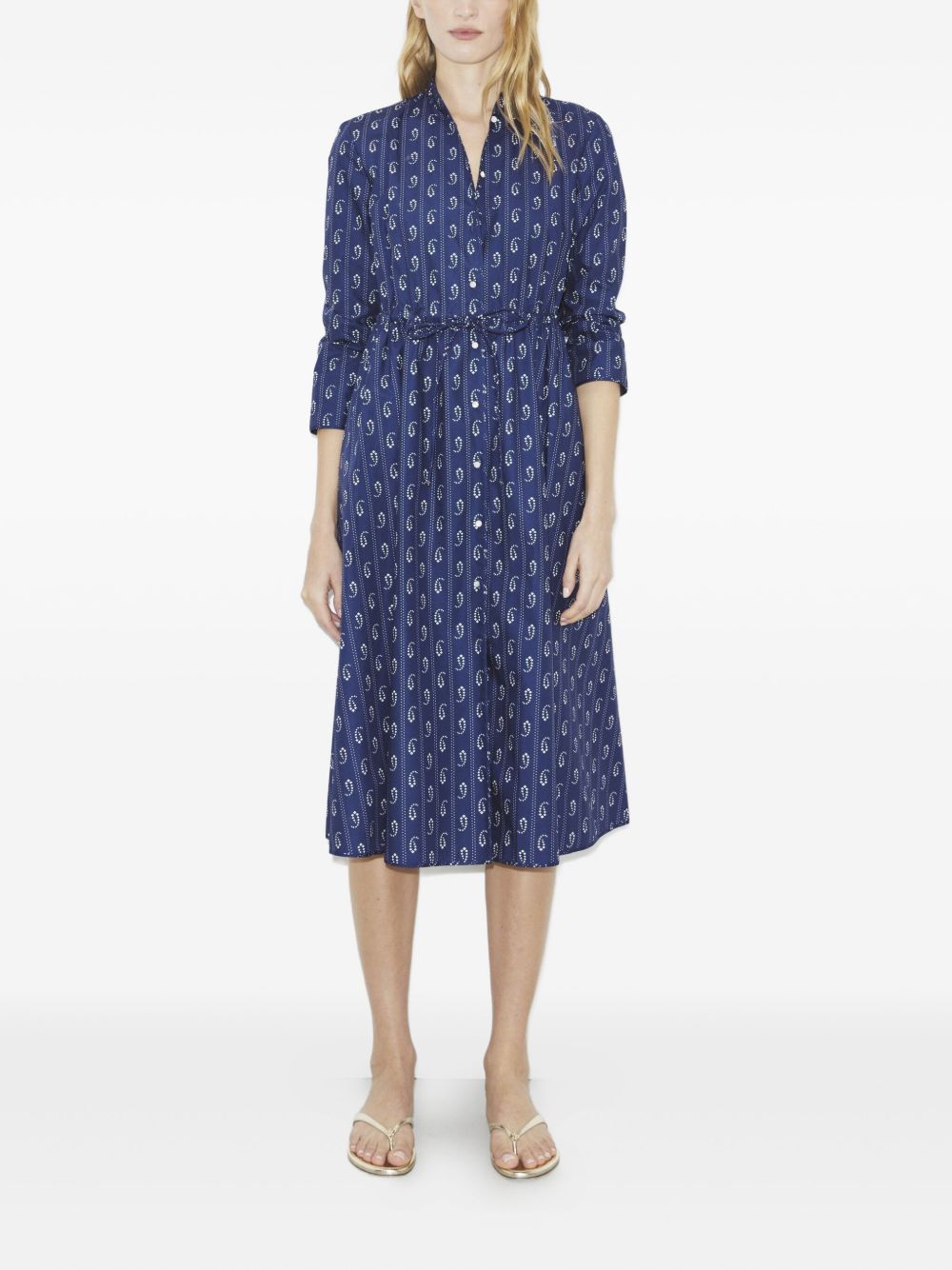 Tory Burch Printed Cotton Shirt Dress with Tie Detail Blue