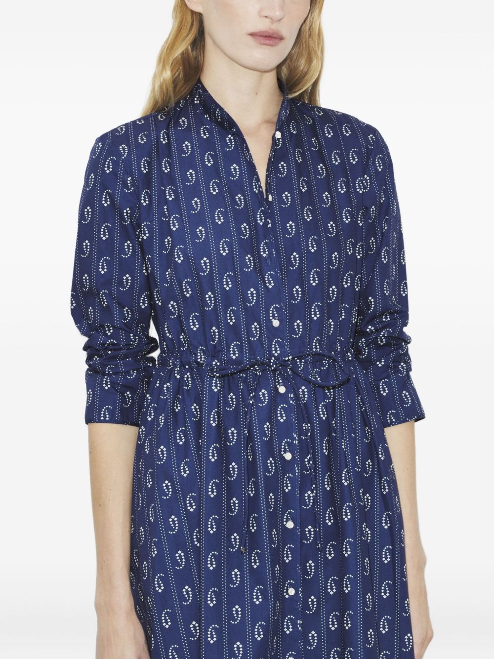 Tory Burch Printed Cotton Shirt Dress with Tie Detail Blue