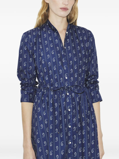 Tory Burch Printed Cotton Shirt Dress with Tie Detail Blue