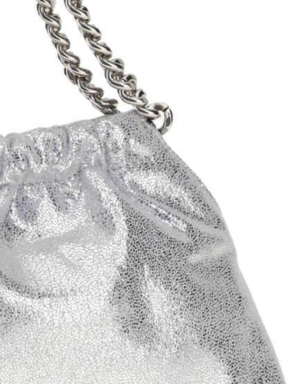 Stella McCartney Falabella Mini Drawstring Tote with Silver Chain and Logo Medallion - Silver Silver