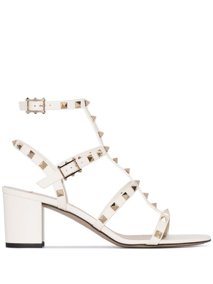 Valentino Garavani Rockstud 60 Ivory Leather Ankle Strap Sandals Ivory