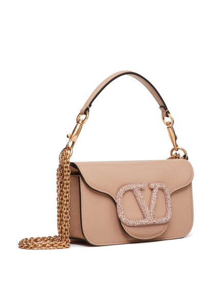 Valentino Garavani VLogo Signature Swarovski Crystal-Embellished Small Pink Leather Shoulder Bag Pink