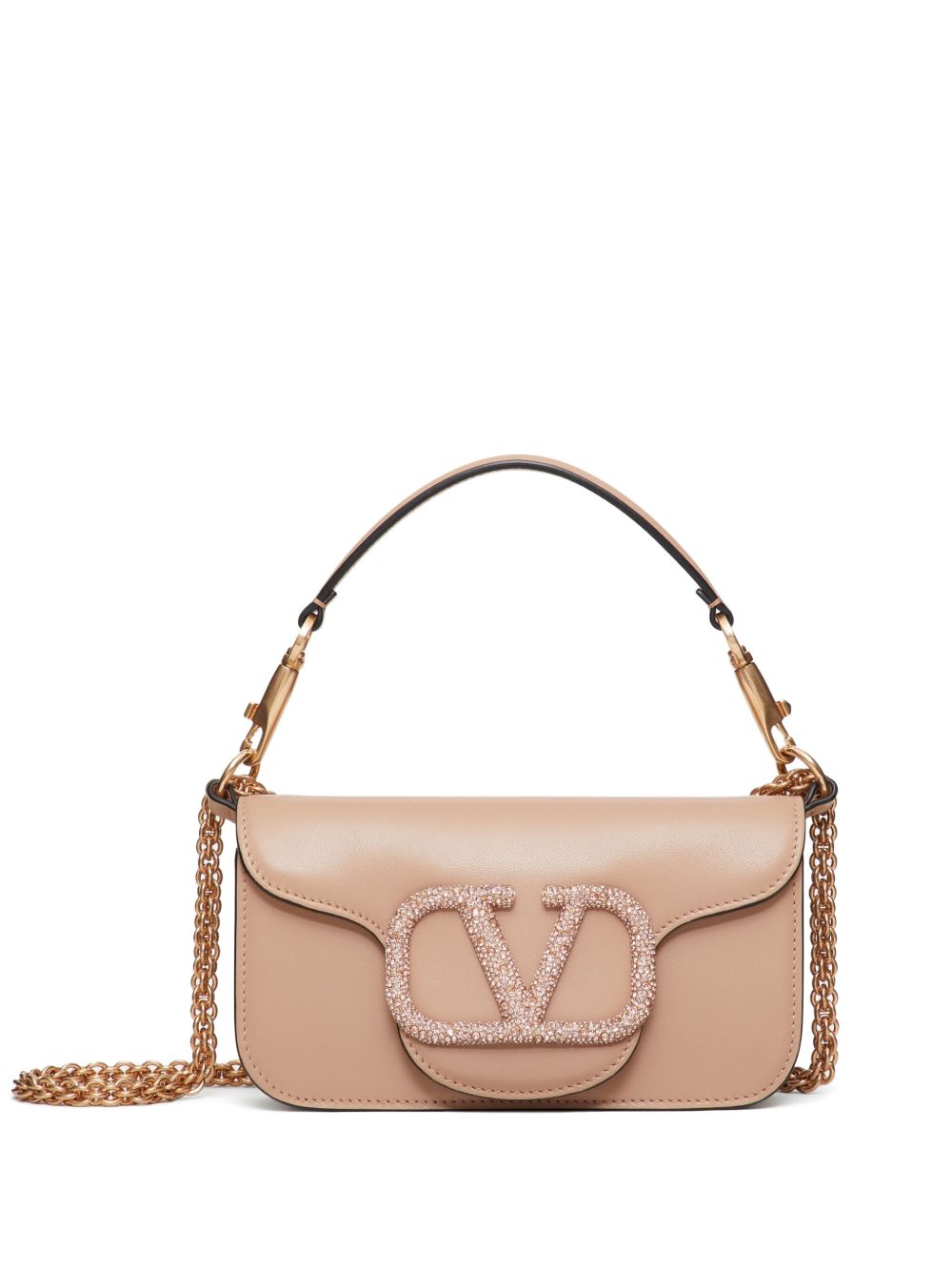 Valentino Garavani VLogo Signature Swarovski Crystal-Embellished Small Pink Leather Shoulder Bag Pink