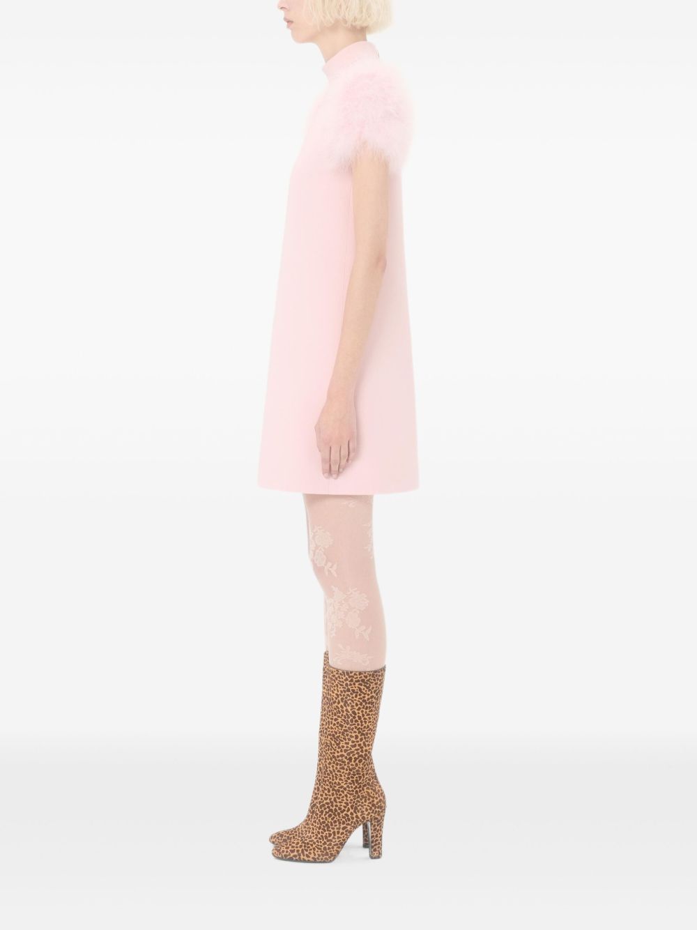 Valentino Feathered Light Pink Wool and Silk Dress with Rear Zip Closure and Feather Boa Pink