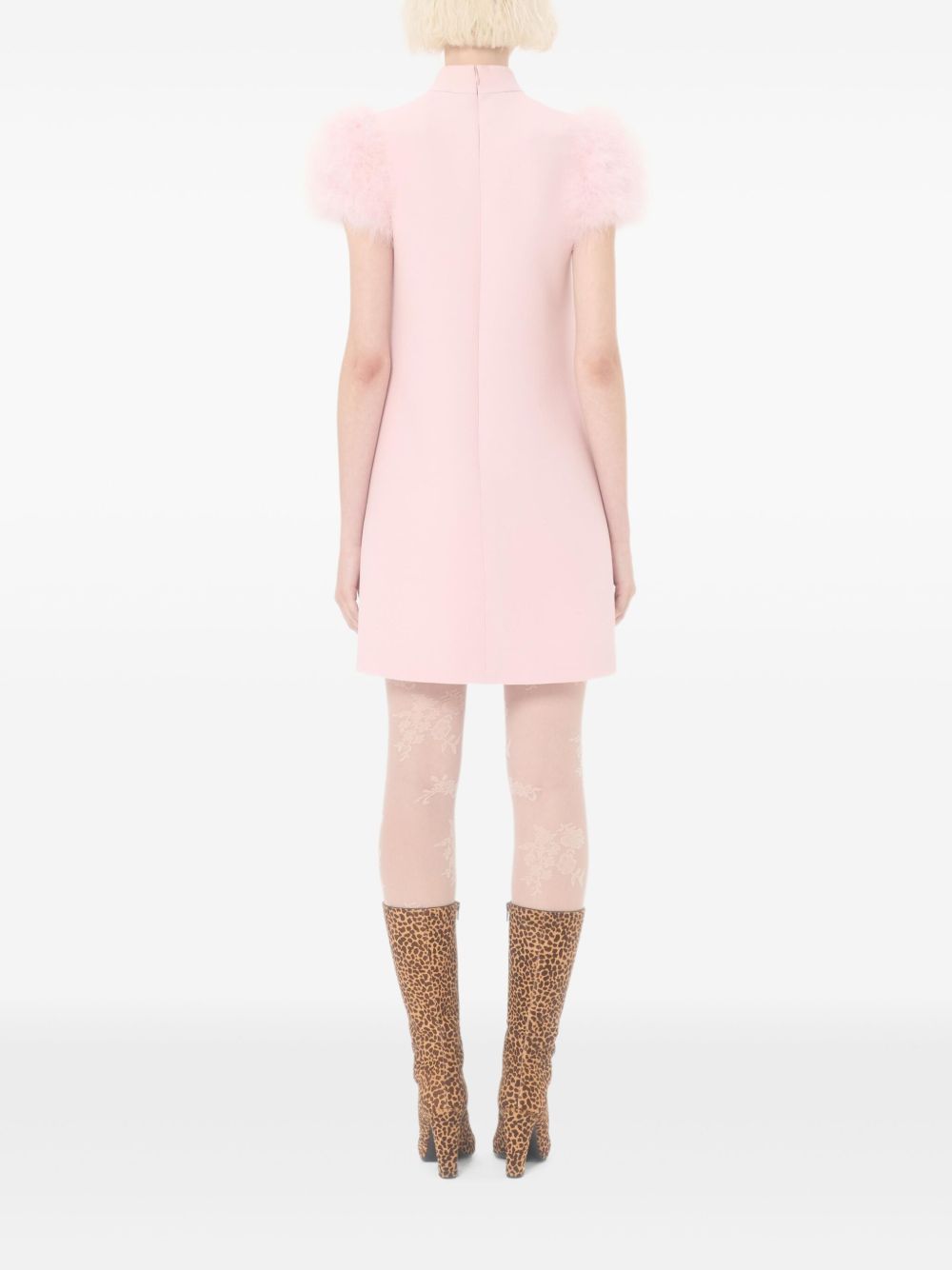 Valentino Feathered Light Pink Wool and Silk Dress with Rear Zip Closure and Feather Boa Pink