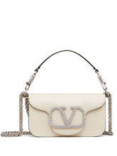 Valentino Garavani Locò Small VLogo Crystal-Embellished Leather Shoulder Bag Ivory