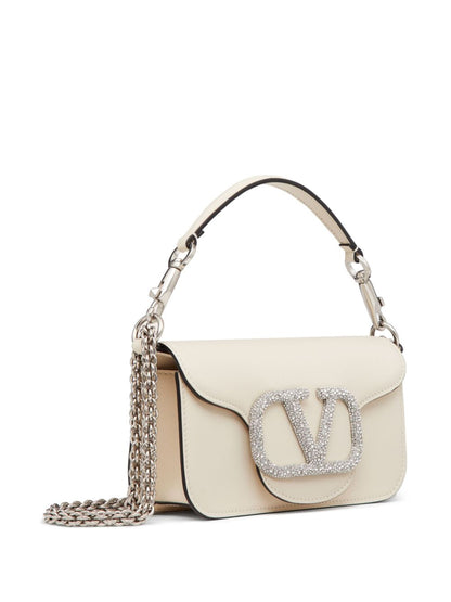 Valentino Garavani Locò Small VLogo Crystal-Embellished Leather Shoulder Bag Ivory