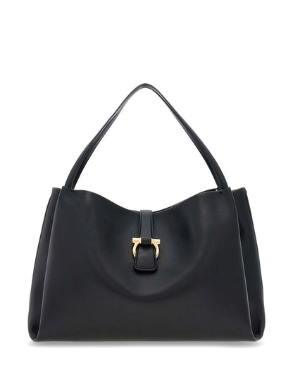 Ferragamo Gancini Buckle Medium Shoulder Bag Black
