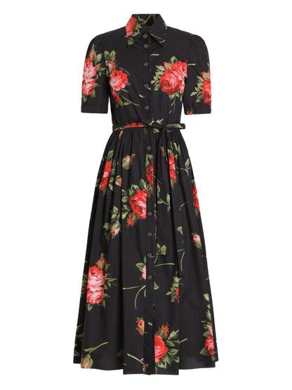 Dolce &amp; Gabbana Floral Bouquet Belted Midi Dress Black black