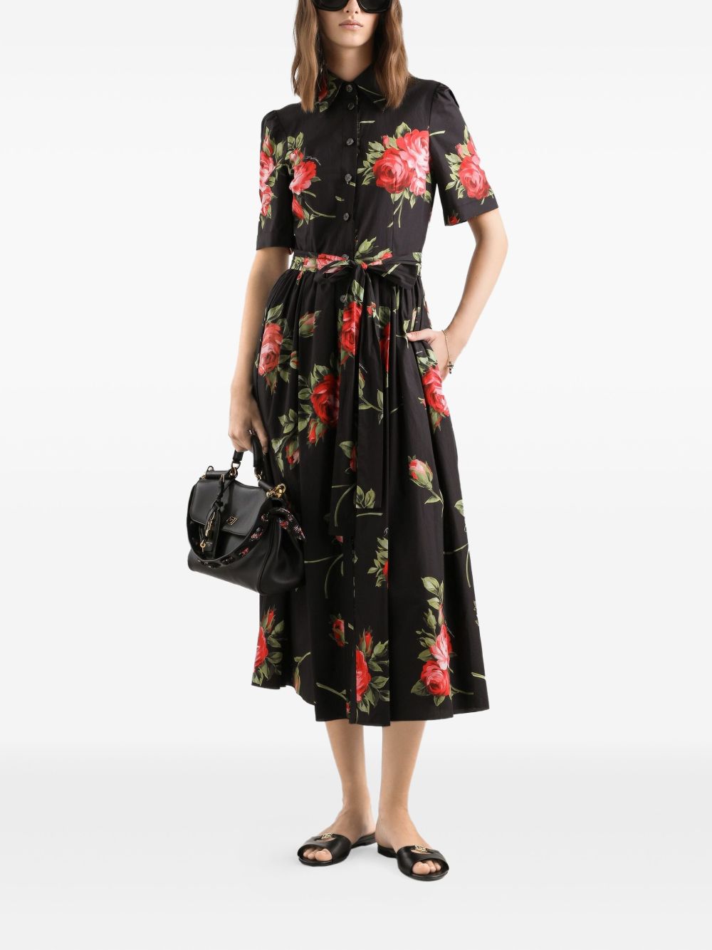 Dolce &amp; Gabbana Floral Bouquet Belted Midi Dress Black black