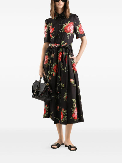 Dolce &amp; Gabbana Floral Bouquet Belted Midi Dress Black black