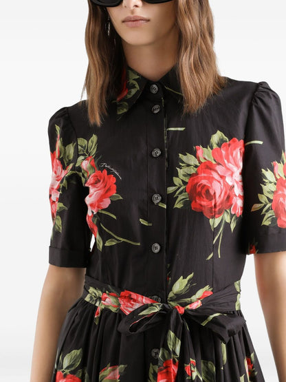 Dolce &amp; Gabbana Floral Bouquet Belted Midi Dress Black black