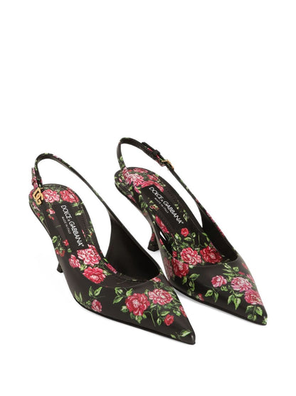 Dolce &amp; Gabbana Lollo Floral-Print Calf Leather Slingback Pumps Black Black