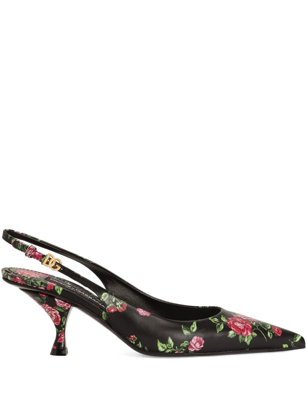 Dolce & Gabbana Lollo Floral-Print Calf Leather Slingback Pumps Black Black