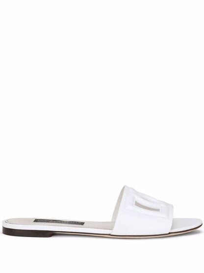 Dolce &amp; Gabbana DG Logo White Leather Flat Sandals White