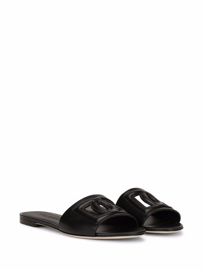 Dolce &amp; Gabbana DG Logo Flat Silk and Leather Sandals Black