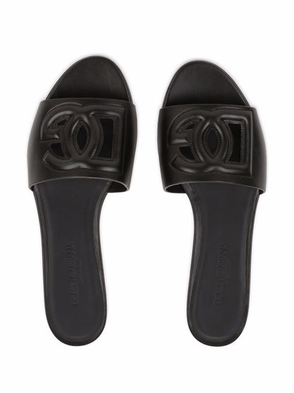 Dolce &amp; Gabbana DG Logo Flat Silk and Leather Sandals Black