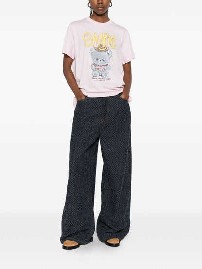Ganni Cowboy Bear Organic Cotton T-Shirt Pink