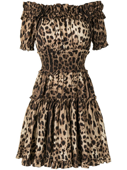 dolce &amp; gabbana leopard print off-shoulder dress brown