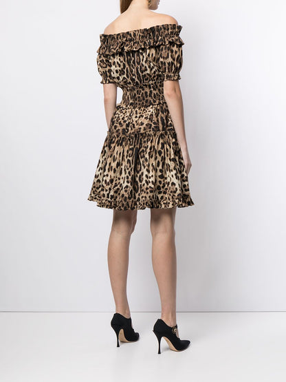 dolce &amp; gabbana leopard print off-shoulder dress brown