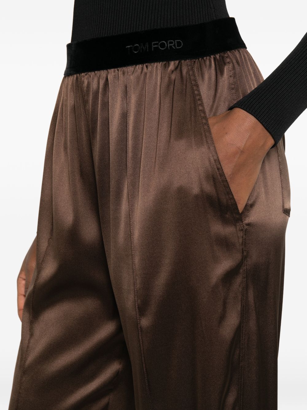 Tom Ford Velvet Waistband Silk Trousers Brown