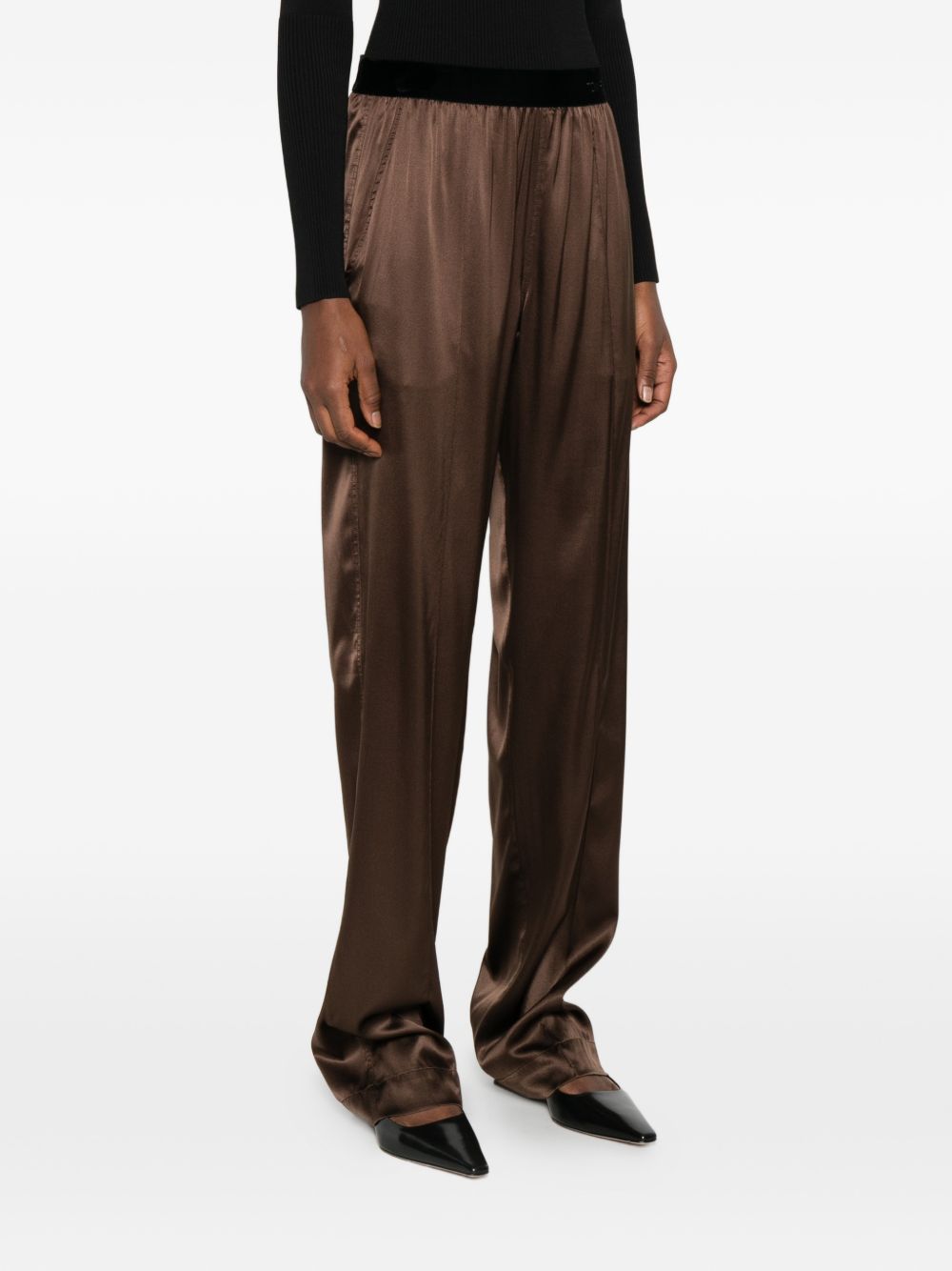 Tom Ford Velvet Waistband Silk Trousers Brown