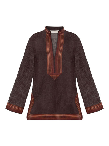 Tory Burch Striped Linen Tunic Dress Brown