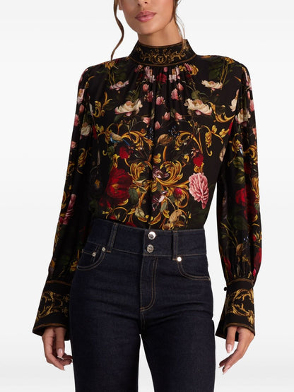 Alice + Olivia Floral Mock Neck Shirt Black