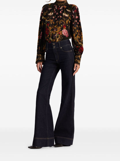 Alice + Olivia Floral Mock Neck Shirt Black