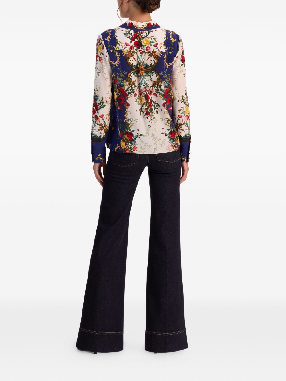 Alice + Olivia Printed Silk Point Collar Shirt Blue