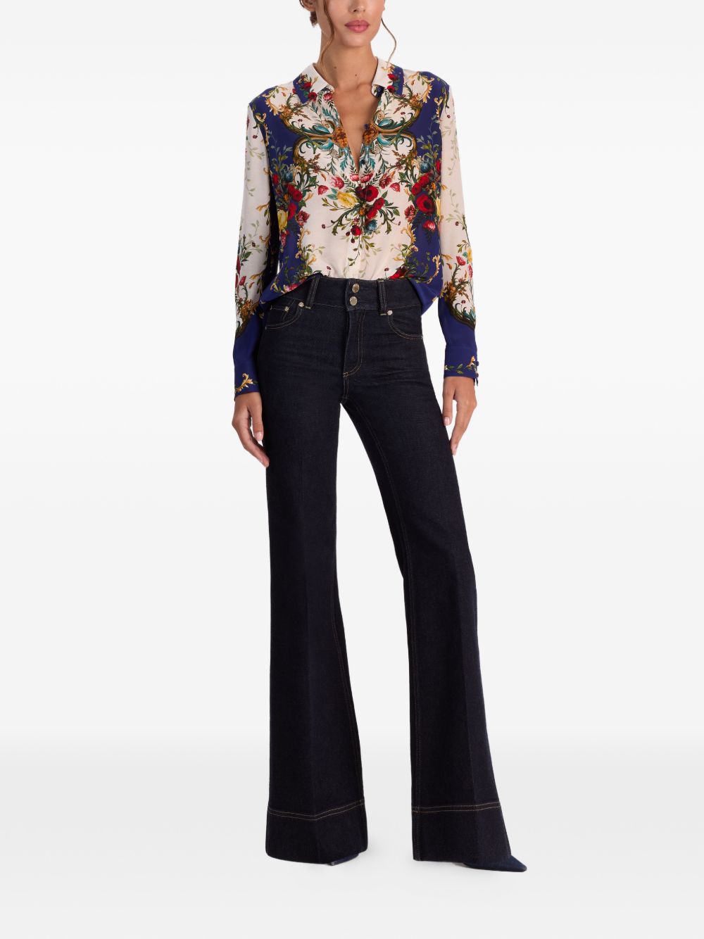 Alice + Olivia Printed Silk Point Collar Shirt Blue