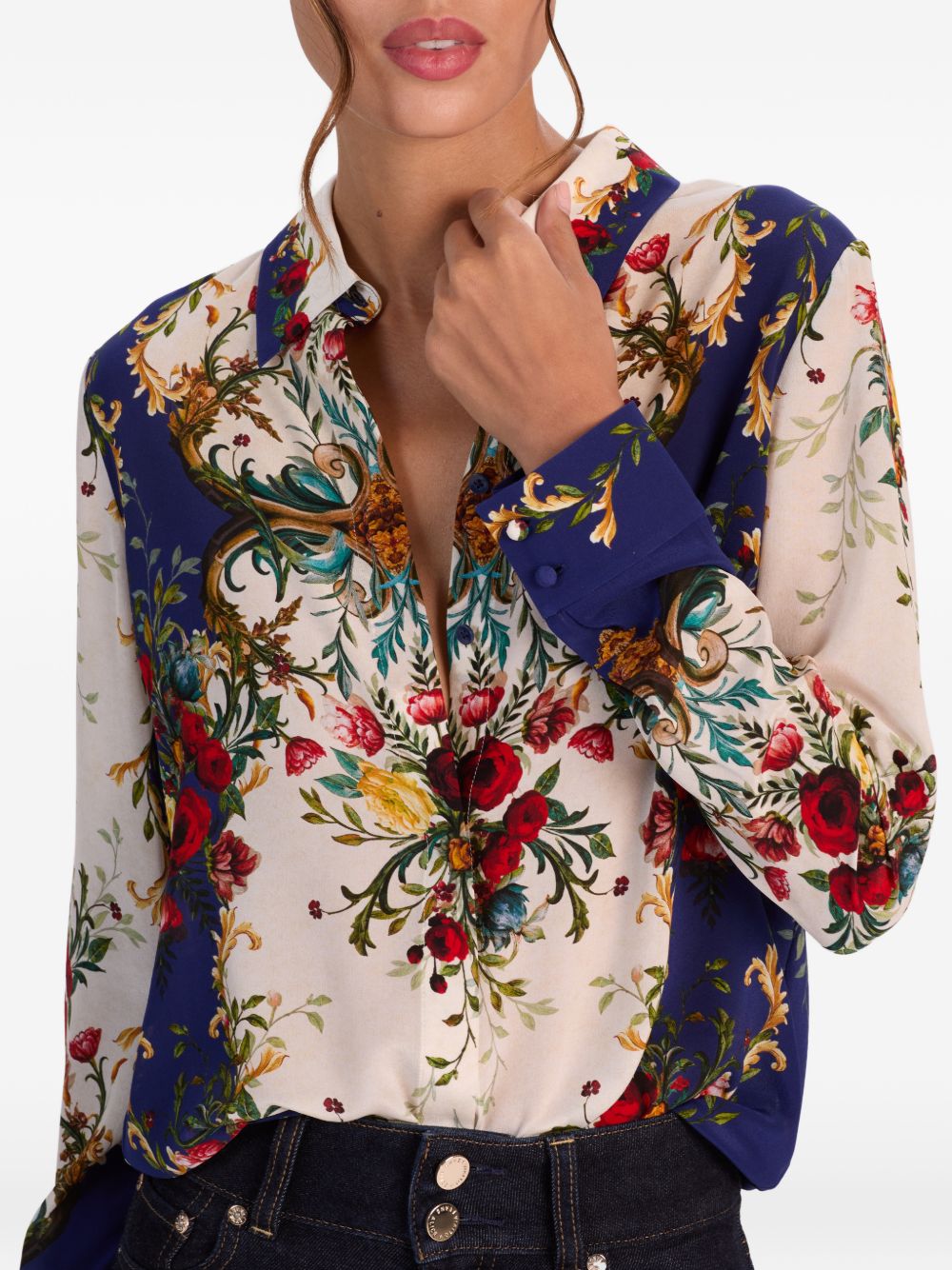 Alice + Olivia Printed Silk Point Collar Shirt Blue