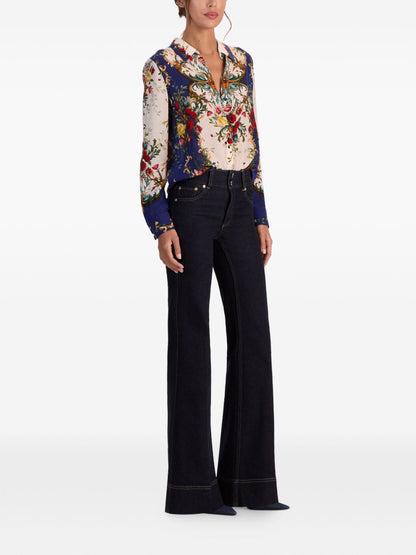 Alice + Olivia Printed Silk Point Collar Shirt Blue