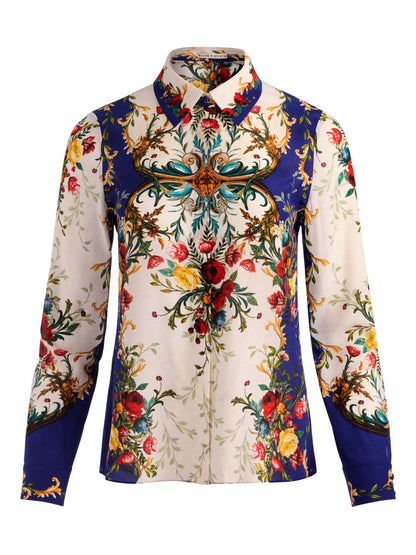 Alice + Olivia Printed Silk Point Collar Shirt Blue