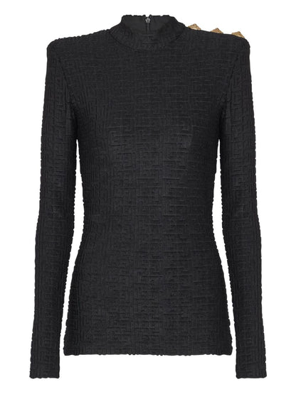 Balmain Monogram Boucle High-Neck Top Black