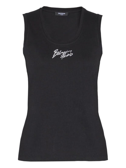 Balmain Logo Brush Print Cotton Top Black
