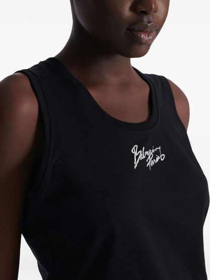 Balmain Logo Brush Print Cotton Top Black