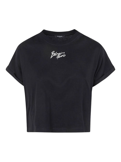 Balmain Logo Cropped Cotton T-Shirt Black