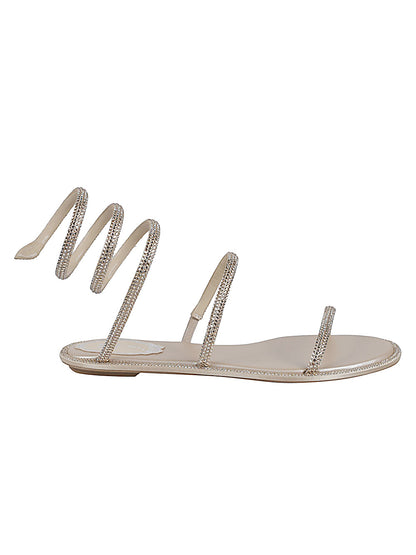 René Caovilla Stardust Snake Satin Sandals Beige