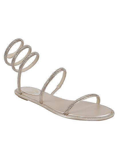 René Caovilla Stardust Snake Satin Sandals Beige