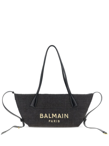 Balmain Track Small Raffia Tote Black