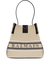 balmain canvas leather bucket bag beige